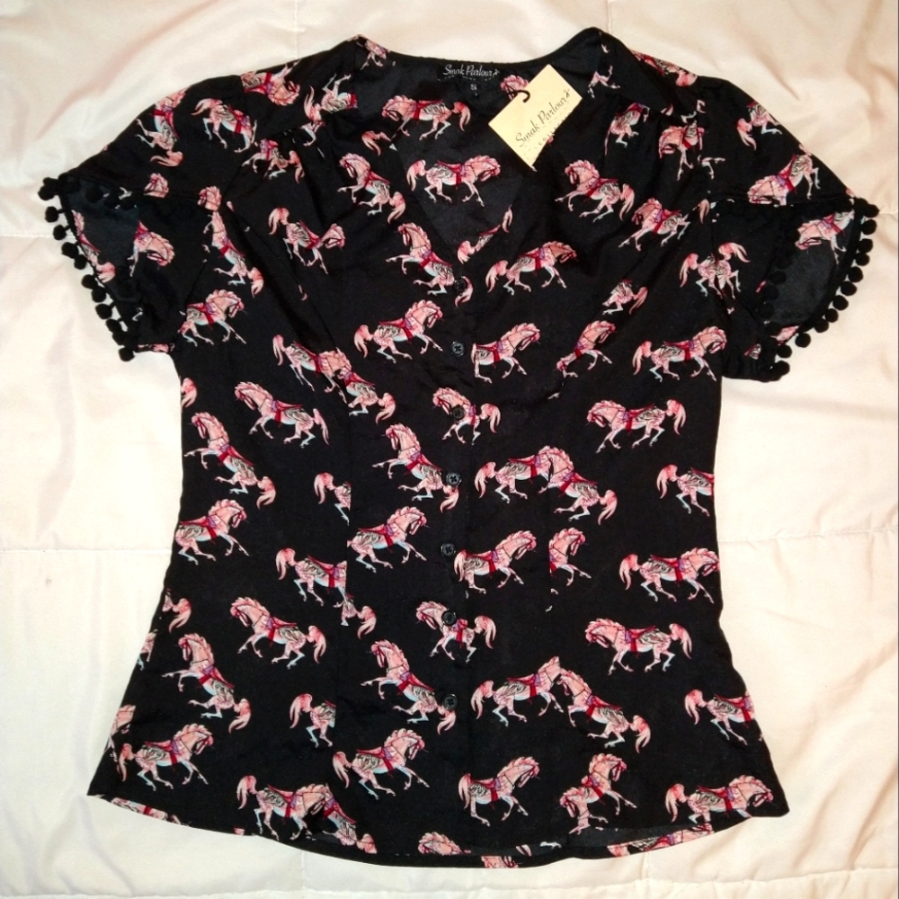 Unique Vintage x Smak Parlour Collection Black Pony pin-up Blouse Size Small